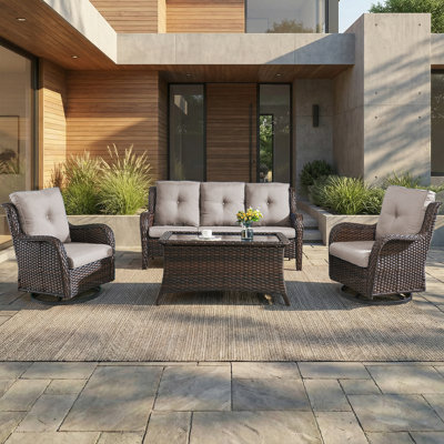 Patio Furniture Set 4 Pieces, Outdoor Wicker Furniture With Coffee Table, Modern Rattan Patio Chairs Conversation Sets With Sofa For Garden, Terrace, Porch, Balconies, Lawns
