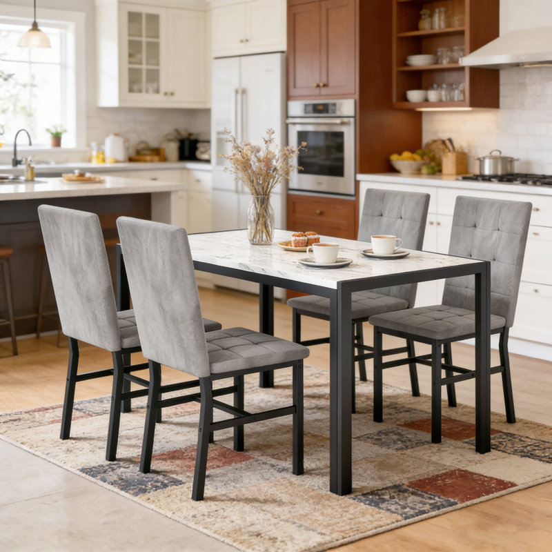 Ensemble de table de salle à manger 5 pièces pour 4 personnes, table de salle à manger moderne en faux marbre avec 4 chaises rembourrées en tissu écossais, table de cuisine moderne et ensemble de chaises pour petit espace, salle à manger, coin repas