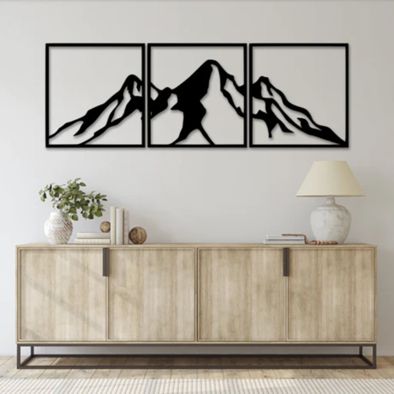 Chaîne de montagnes (3 pièces), art mural en métal - Triptyque montagne, art mural - ensemble de sculpture de paysage naturel - décoration murale rustique d'extérieur - art industriel moderne en métal - décoration intérieure inspirée de la nature