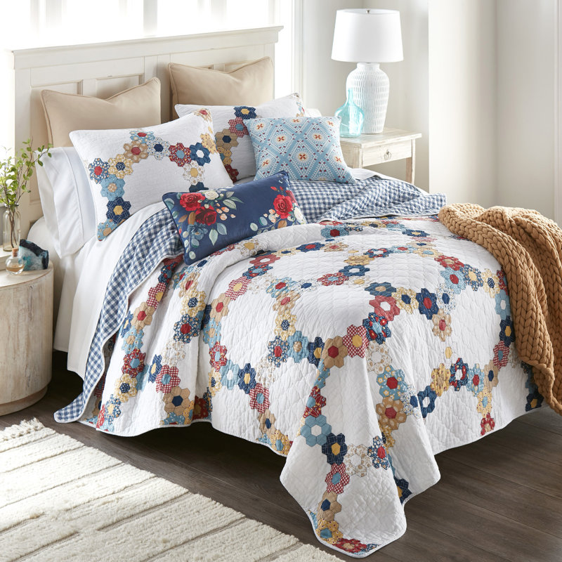 Ensemble de courtepointe réversible 100% coton 3 pièces Prairie, Courtepointe pour grand lit + 2 taies décoratives