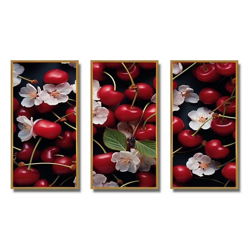 Red Cherry Sundae Delight - Art mural cerise, Cadre flottant doré, H 40 po x l 60 po