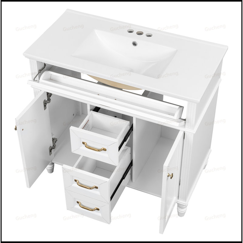 Meuble-lavabo à poignée dorée 36 po avec lavabo, Blanc