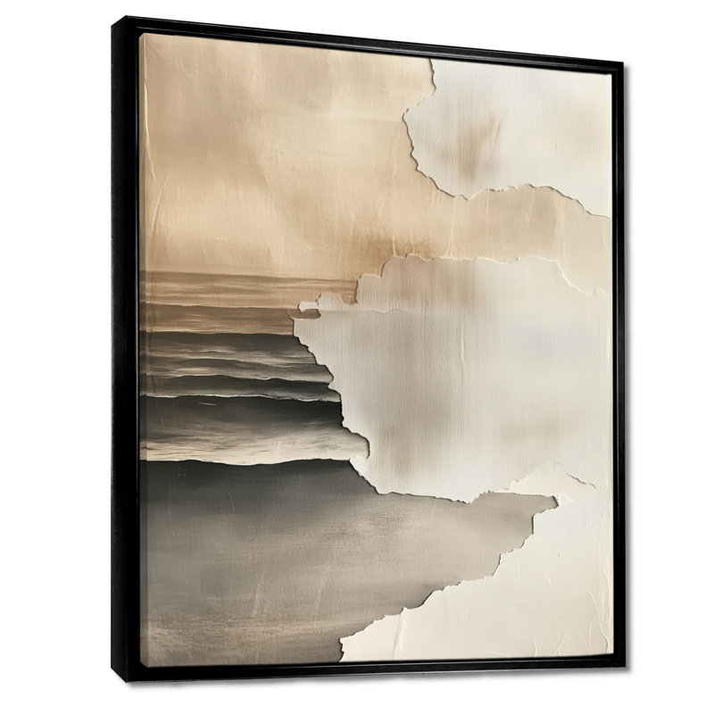 Art mural côtier, sable côtier apaisant, toile abstraite beige, H 32 po x l 24 po, Cadre flottant noir