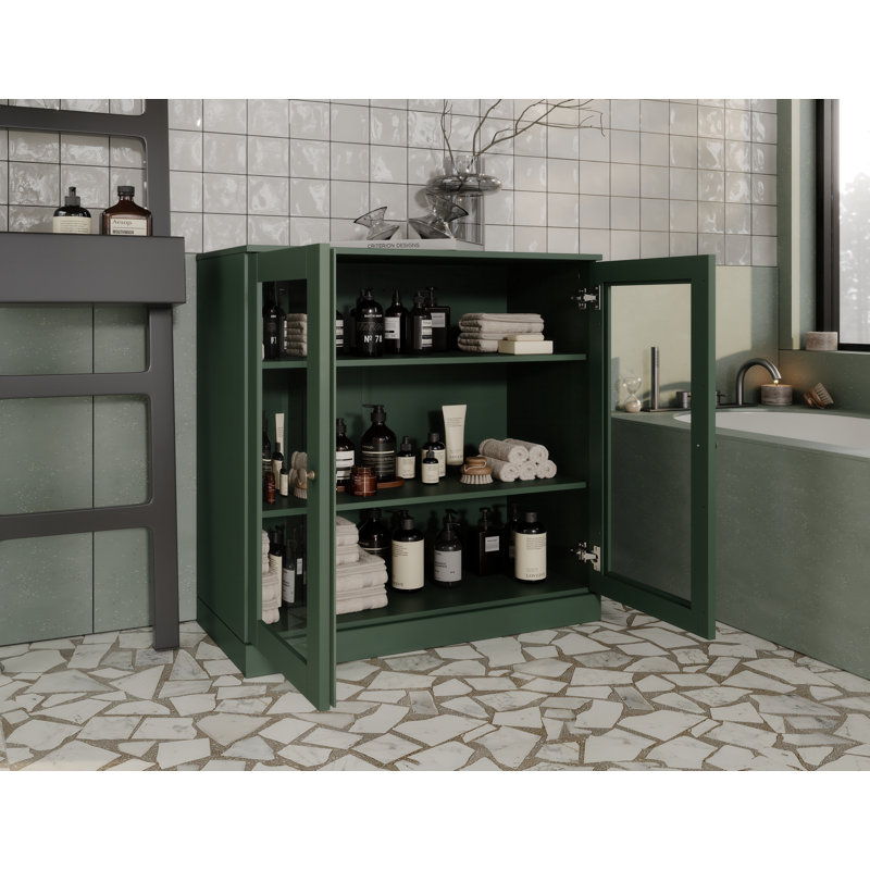 100% Solid Wood 32" Bathroom Cabinet with Clear Glass Doors and Adjustable Shelves, Green