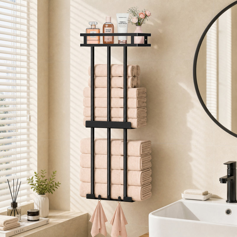 Porte-serviettes de salle de bain en métal noir à 3 niveaux, support de rangement mural avec tablette supérieure en mailles pour serviettes roulées, simple résistant à la rouille