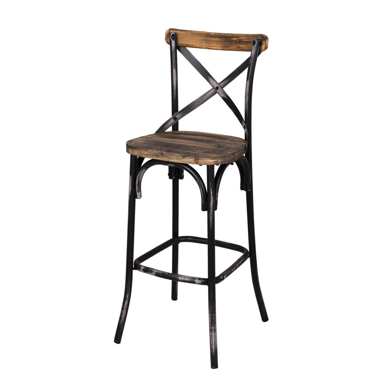 Tabouret de bar avec dossier croisé de finition antique - ajoute une touche distinctive de bois rustique antique