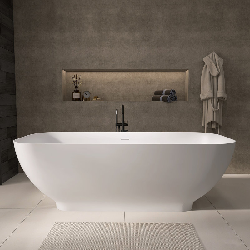67'' x 29.5'' Solid Surface Matte White Freestanding Soaking Bathtub with Overflow and Pop-up Drain
