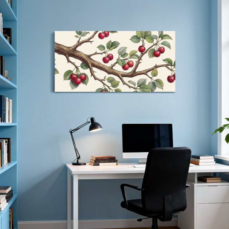 Plantes et fleurs branche de cerisier avec fruits rouges et feuilles vertes, H 16 po x l 32 po