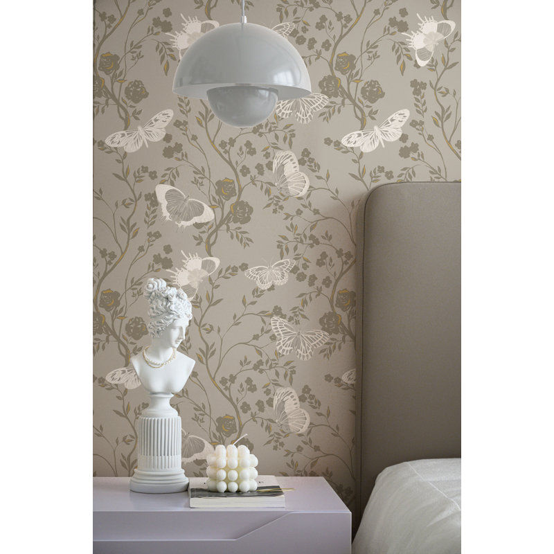 Butterflies in Bloom 33' L x 20.5" W  Wallpaper Roll, Taupe