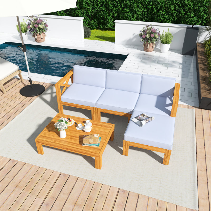 Ensemble de conversation modulaire 5 pièces avec ensemble de conversation et canapé d'extérieur en bois d'acacia avec coussins gris, repose-pieds et table basse