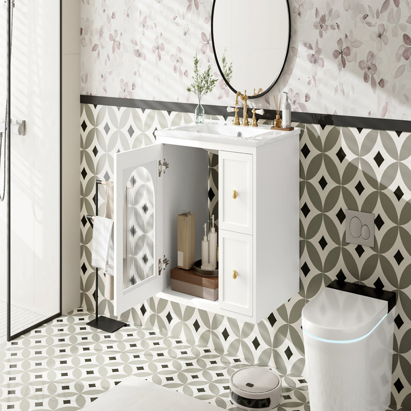 Ensemble de meuble-lavabo mural 24 po pour petit espace, armoire de salle de bain avec lavabo en céramique, 2 tiroirs et 1 porte à fermeture en douceur