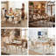Ensemble 5 pièces de table et chaises de salle à manger, style nordique rétro, table ovale blanche avec 4 chaises en tissu respirant beige, pieds en bois de hêtre, pour coin-repas
