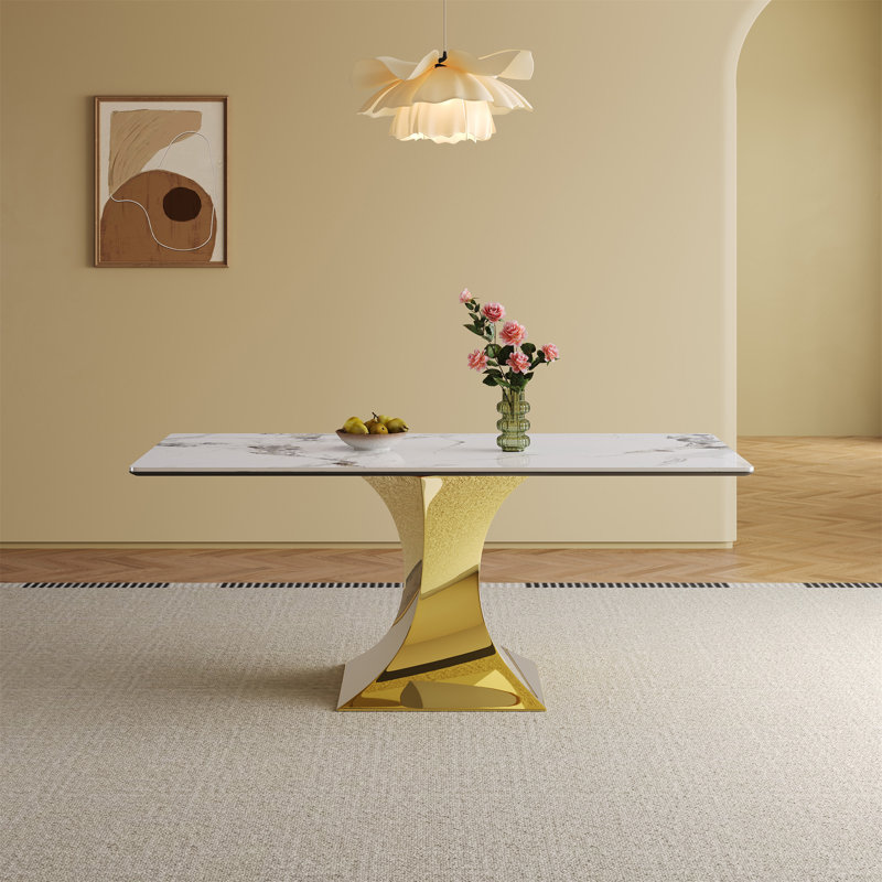 Table de salle à manger rectangulaire de 71 po pour 6 à 8 personnes, table de cuisine moderne avec base de sablier plaquée or élégante, grande table de salle à manger (blanc et doré) - (table unique)