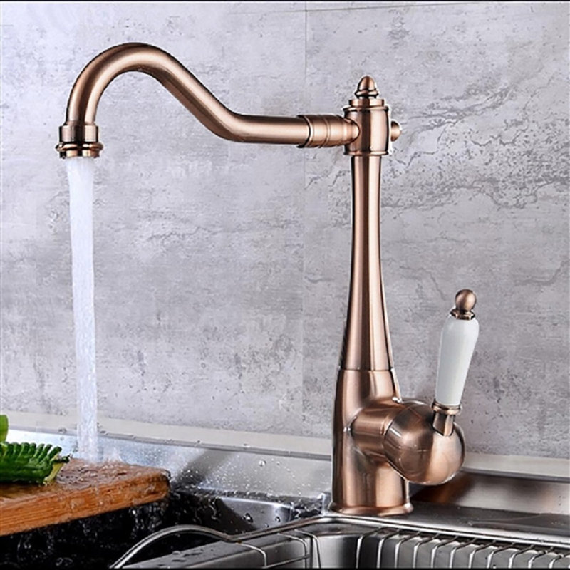 Zara goza Deck-Mount Rose Gold Kitchen Faucet – 360° Swivel Spout, Single Lever, Solid Brass Construction