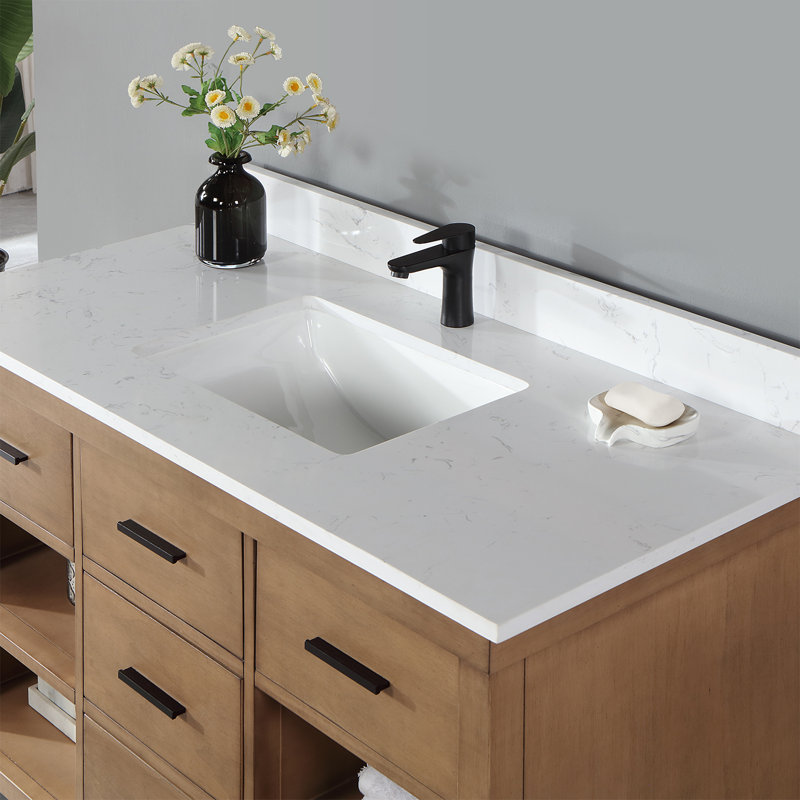Ensemble de meuble-lavabo simple 48 po Kesia avec comptoir en pierre composite blanc de Carrare sans miroir, Brun, Noir mat