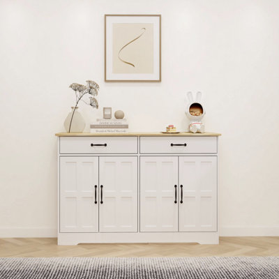 48" Farmhouse White Sideboard – Rustic Storage with 4 Doors & 2 Drawers by Lark Manor