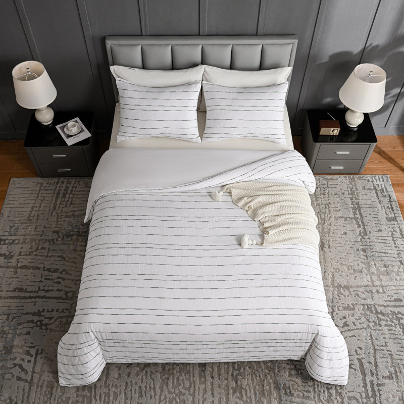 Zari Modern & Contemporary Cotton Percale Striped Duvet Cover, Queen Duvet Cover + 2 Standard Shams, White/Green