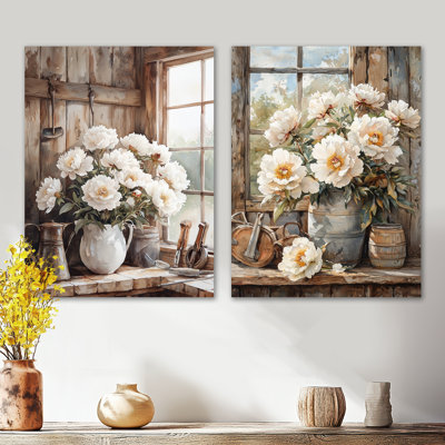 Farm pivoines dans la remise laitière I - ensemble de 2 décorations murales florales en métal