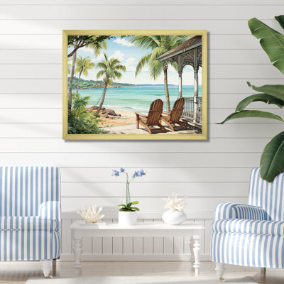 Chaises de sérénité insulaires au bord de la plage - art encadré tropical côtier