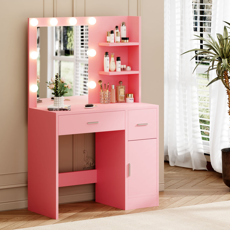 Bureau de maquillage avec lumière et miroir, Rose
