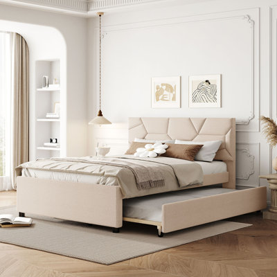 Lit plateforme double tapissier avec tête de lit à motif brique et gigogne simple, tissu en lin