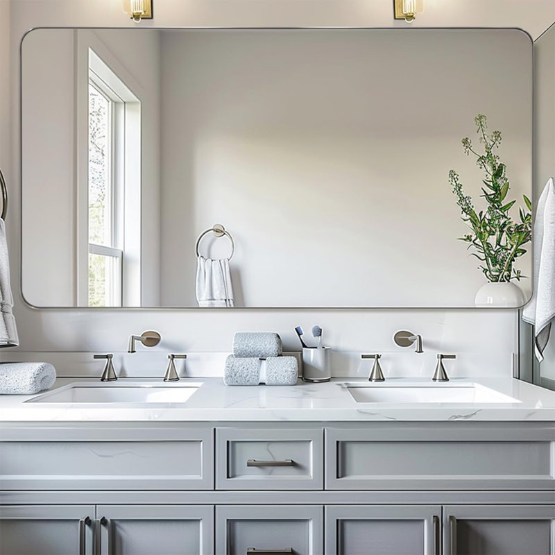 Inse Modern Stainless Steel Frame Rounded Rectangle Mirror for Bathroom/ Vanity/ Wall, Brushed Nickel, 48" x 24"