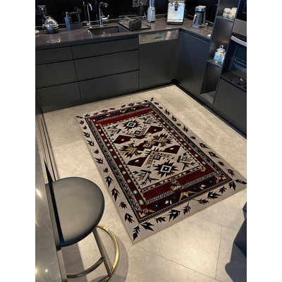 Burgundy and Beige Coloured Antique Design Series Border Detailed Pattern Vintage Decorative Rug