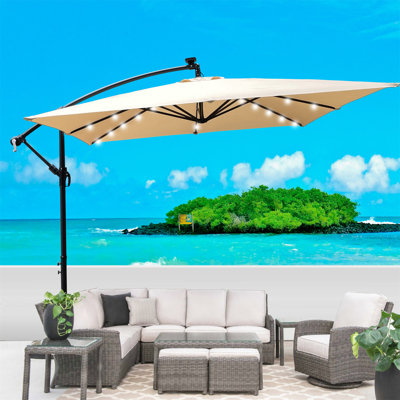 Parasol carré carré de 8X2,5M avec parasol solaire 8 lumières à DEL avec manivelle et base transversale pour terrasse de jardin