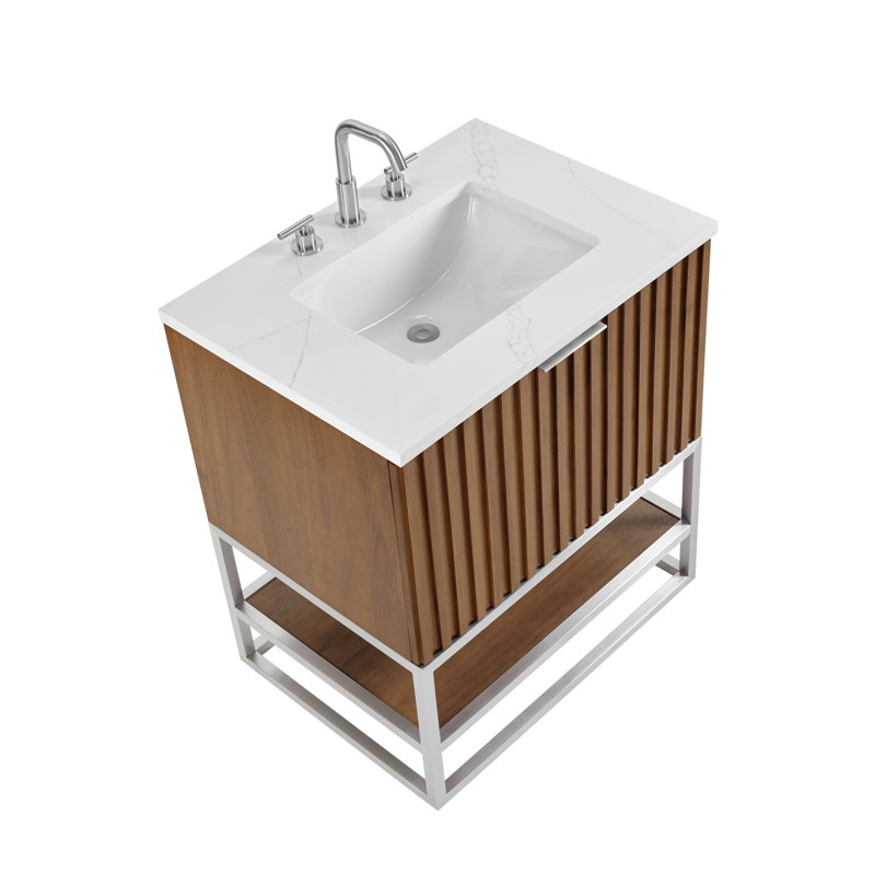 Terra 30'' W Single Vanity, Walnut, Brushed Nickel, Calacatta Quartz/Widespread Faucet Mount