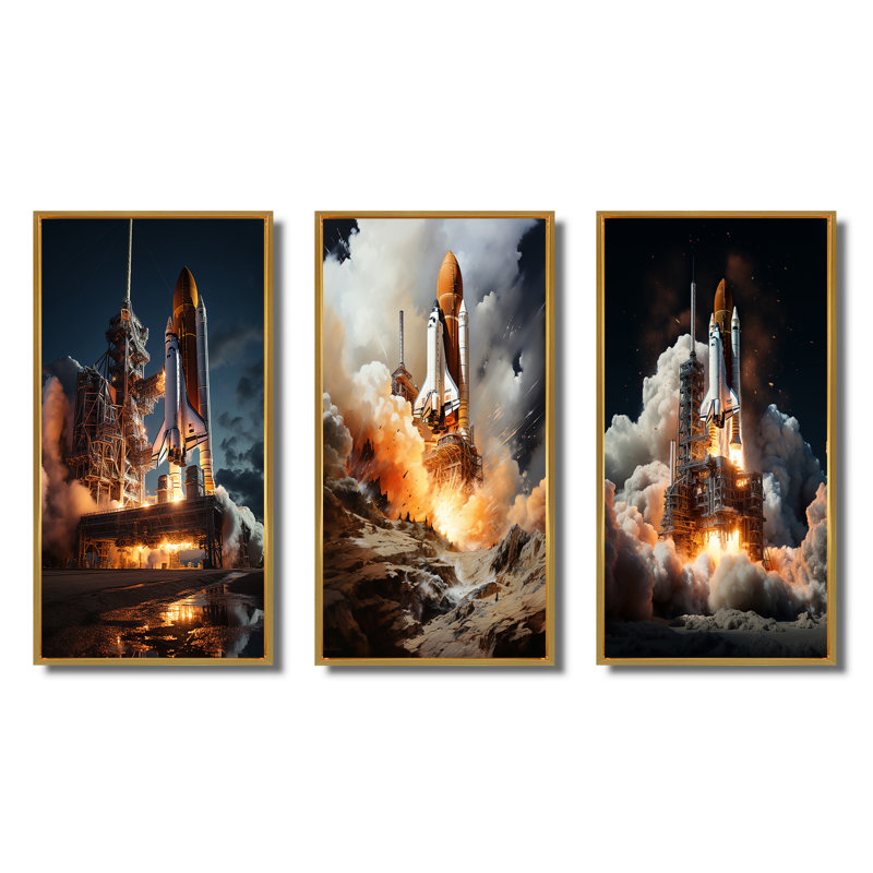 "Navette spatiale" 3 pièces sur toile, H 20 po x l 36 po, Cadre flottant doré