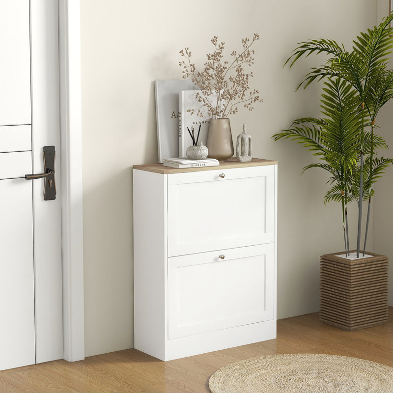Slim Shoe Cabinet For Entryway, Modern Hidden Shoe Storage Cabinet With 2 Flip Drawers And Adjustable Shelves For 12 Pairs Of Shoes