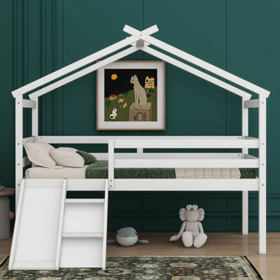 Ariyel Twin Loft House Bed With Slide, Roof