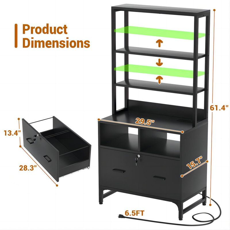 Ezren 29.5" Wide 1 -Drawer File Cabinet with Lock & Charging Station, Black