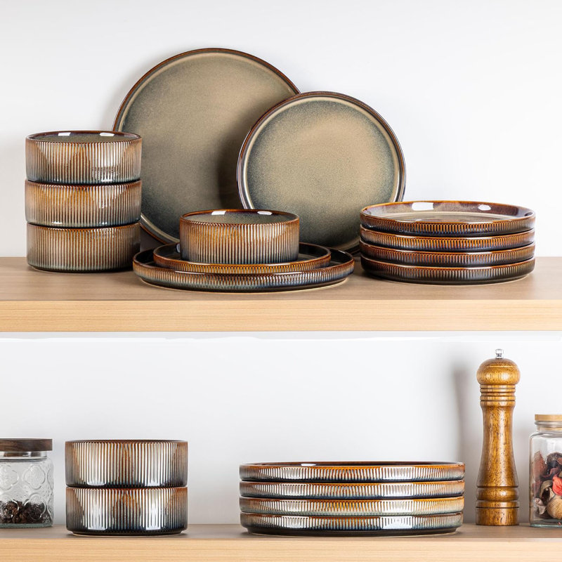  Ensemble de 12 assiettes et bols en porcelaine légère 12 pièces, ensemble de vaisselle en céramique pour 4 personnes, ensemble de vaisselle résistant aux rayures, va au micro-ondes et au lave-vaisselle, moka Coca