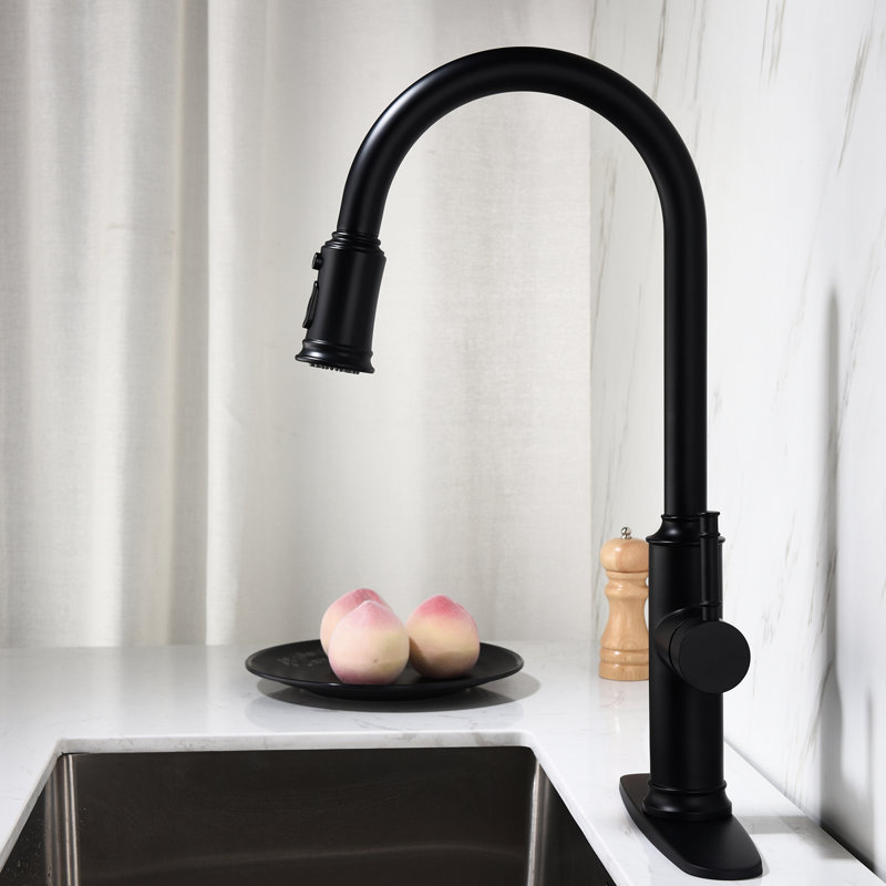 Robinet de cuisine avec douchette escamotable, fabrication en acier inoxydable noir mat, profondeur de 12,2 po, largeur de 25,6 po, hauteur de 2,6 po, poids de 5,8 lb,