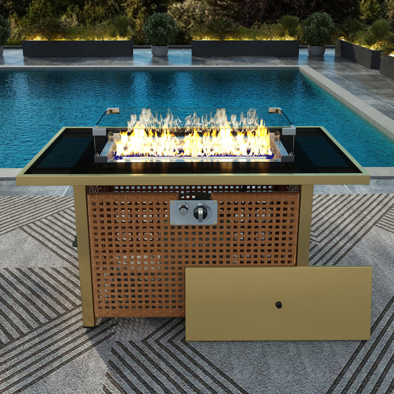 Table de foyer d'extérieur 60000, tissage rectangulaire ouvert de 43 po, pare-vent en verre pour terrasse de jardin - Table d'ombre jaune orange avec pierres bleues, propane et moutarde