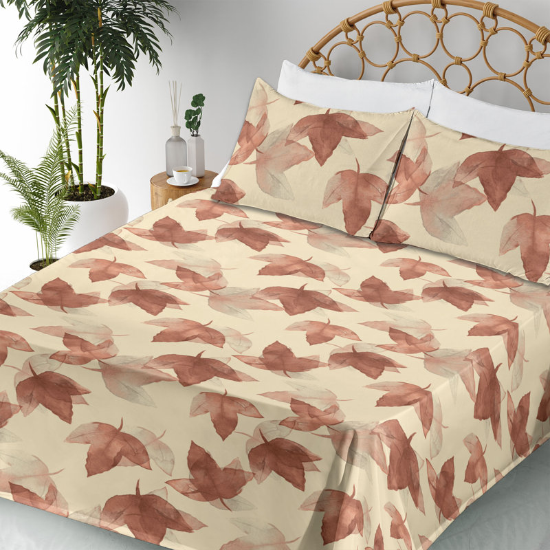 Ambesonne Watercolor Botany Sheet Set 4 Pcs Retro Boho Bloom, King Sheet Set with 2 Pillowcases, Cream Pale Maroon Floral
