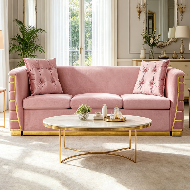 Veloria 82.3" Velvet 3-Seater Sofa with 2 Pillows for Living Room and Apartment, Pink