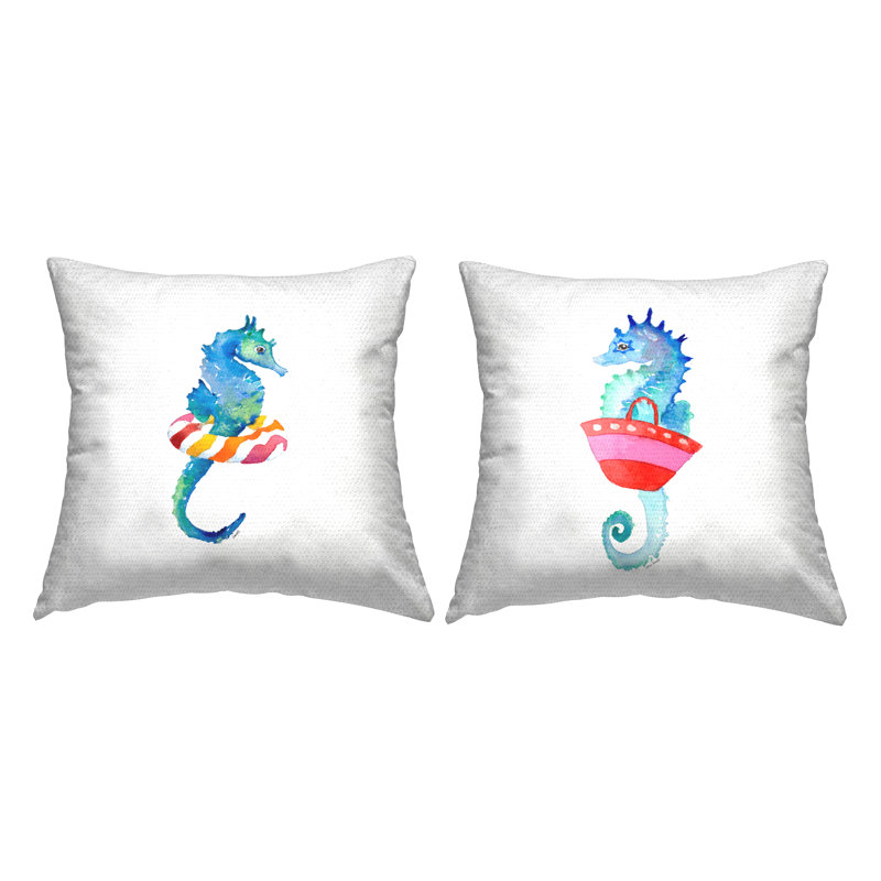 Ensemble de 2 coussins décoratifs d'extérieur Blue Seahores Beach Red Attire Float par Lanie Loreth