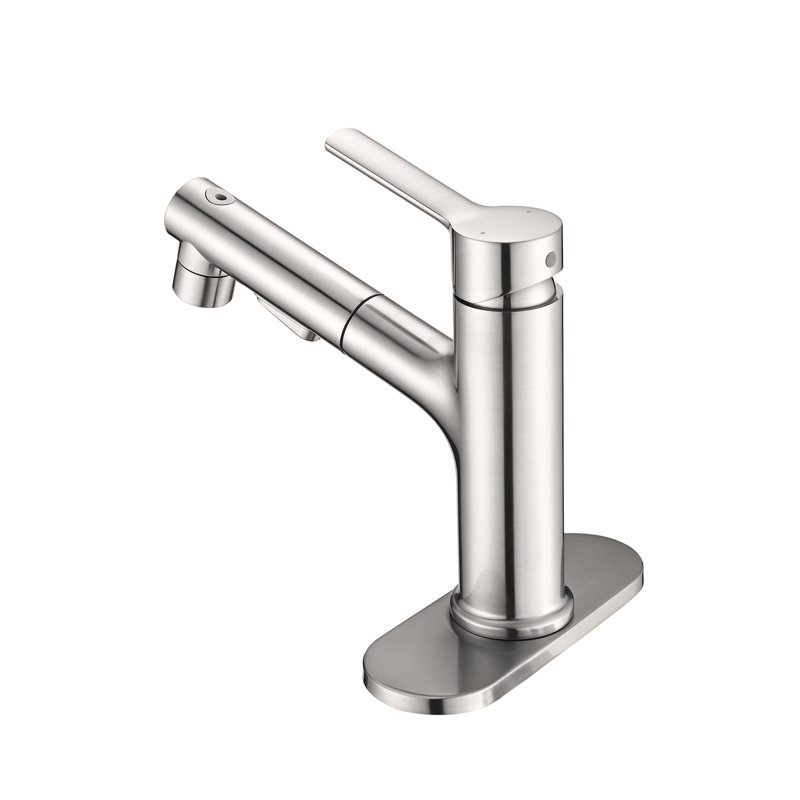 Robinet pour lavabo de salle de bain en nickel brossé, poignée simple, style moderne avec bouchon de bonde escamotable et robinet de lavabo à fixation sur plateau en nickel, design