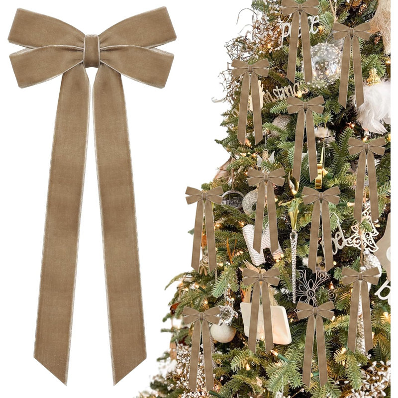 12 pièces de décorations d'arbre de Noël en ruban de velours neutre, 5 po x 10 po
