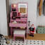 Ensemble de coiffeuse avec miroir lumineux à DEL, bureau de maquillage avec tiroirs, prises de courant, tabouret de rangement, tablettes de rangement et support pour sèche-cheveux-613075276