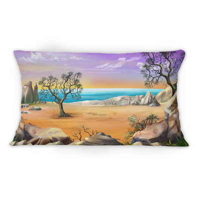 Rocky Shore With Lonely Tree And Rainbow Horizon -1 Nautical & Coastal Printed Throw Pillow
