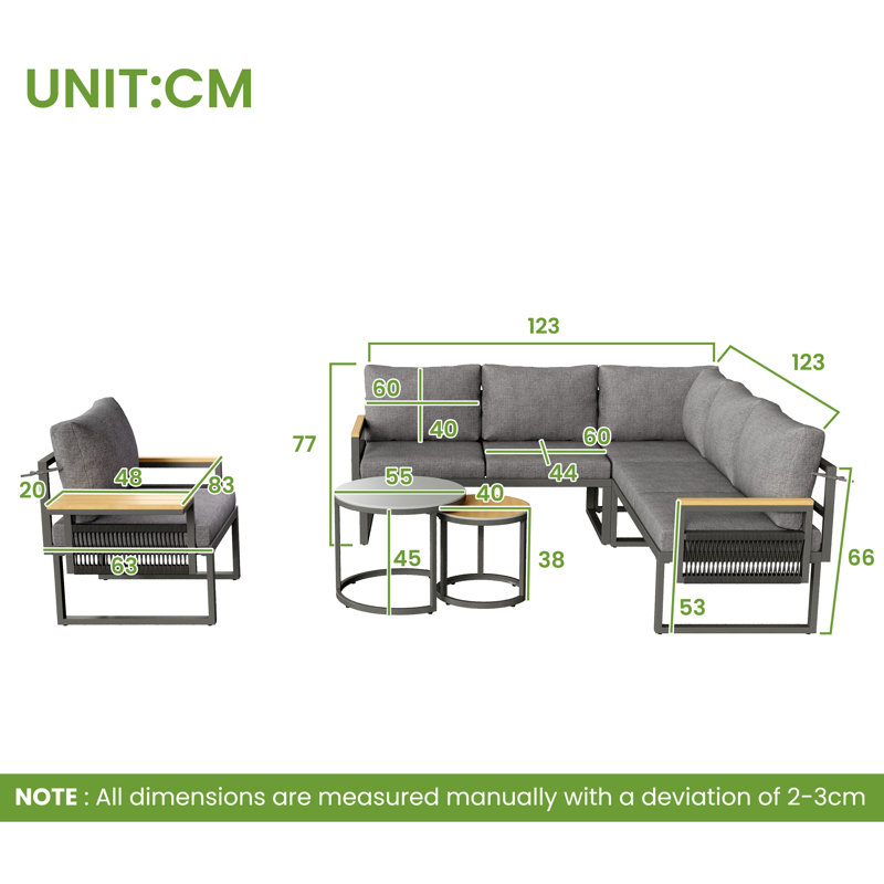Outdoor Conversation Set 6 Places With 2 Sofas, 1 Chair And 1 Set Of Coffee Table Grey