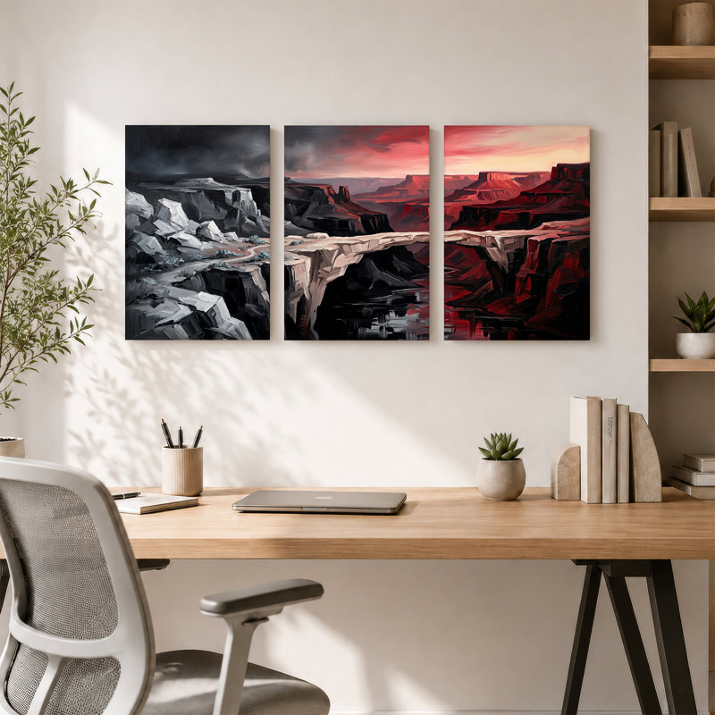 «Red and Gray Canyon Rock Bridge», ensemble de 3 peintures à l'huile sur toile, H 24 po x l 16 po x 3 pièces