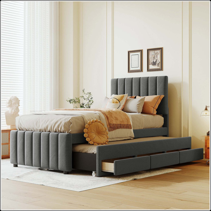 Lit plateforme simple tapissier avec lit gigogne et 3 tiroirs, Gris, Lit simple