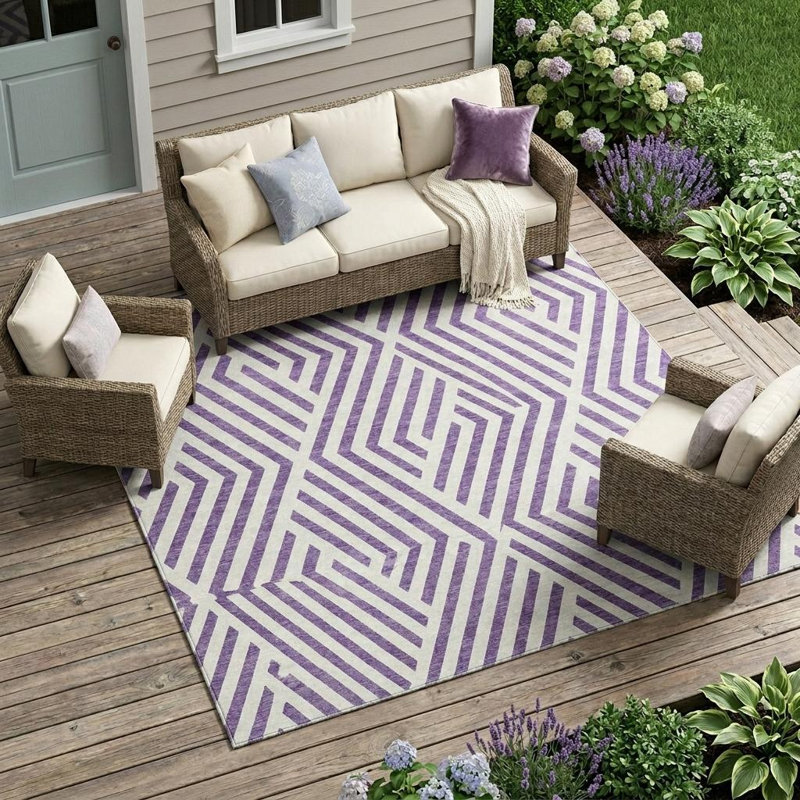 Tapis extérieur lavable antidérapant 9 pi x 12 pi mauve et blanc