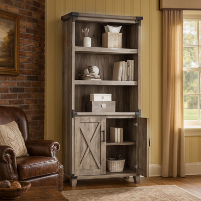 Bibliothèque rustique 67 "avec armoire de rangement et portes de grange, bibliothèque rustique à 5 niveaux avec tablettes réglables pour le salon, le bureau, la chambre à coucher