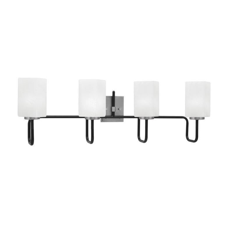 Barre d'éclairage de salle de bain 4 lumières Amarmula, noir mat et finition graphite, verre carré blanc de 3,5 po, Blanc