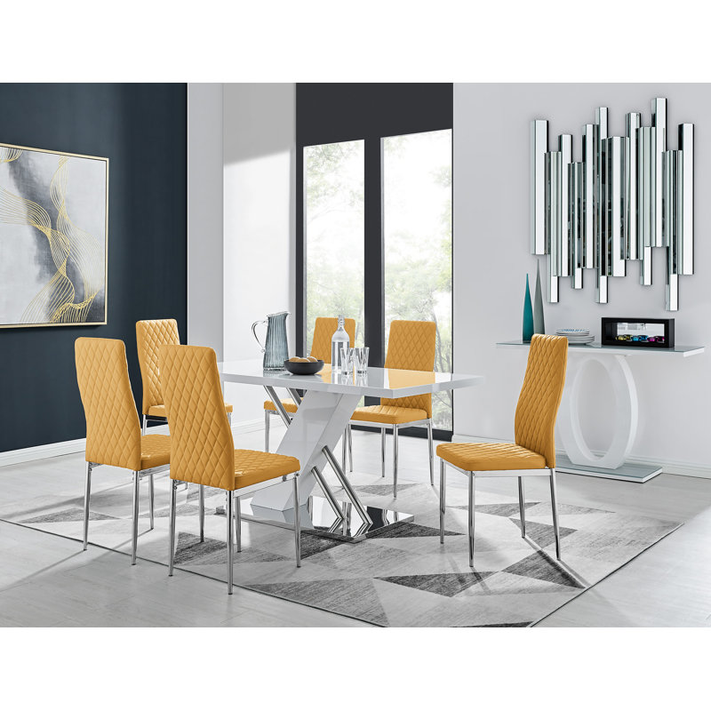 Sorro Cross Luxury High Gloss & Chrome Dining Table Set with 6 Quilted Faux Leather Chairs, Mustard Yellow/Silver